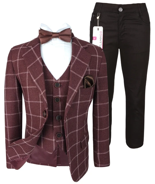 Kids Maroon Burgundy Modern Fit Check Wedding Suit Page Boys Prom communion suit