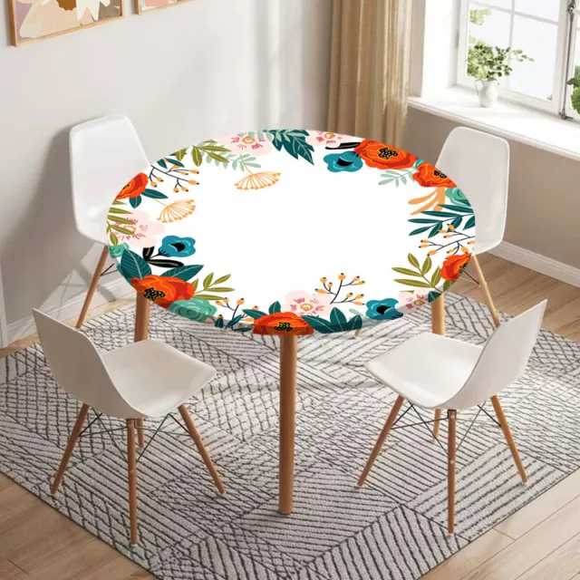 Tropical Flower Plant Table Cover Elastic Edged Polyester Tablecloth Round Table