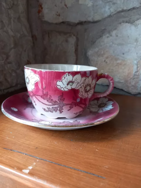 Ancienne tasse à chocolat + soucoupe terre de fer Lunéville Art-nouveau Anémones