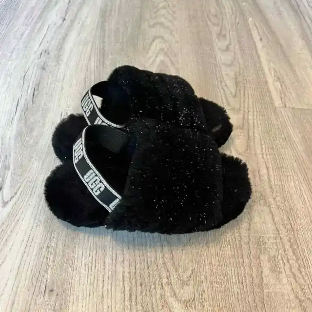 UGG Fluff Yeah Slide Slippers Youth Size 2 Sparkle Black