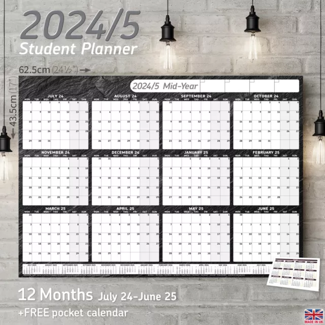 2024-2025 Mid-Year Wall Calendar A2 Planner Academic Home Office 12 Months SLATE