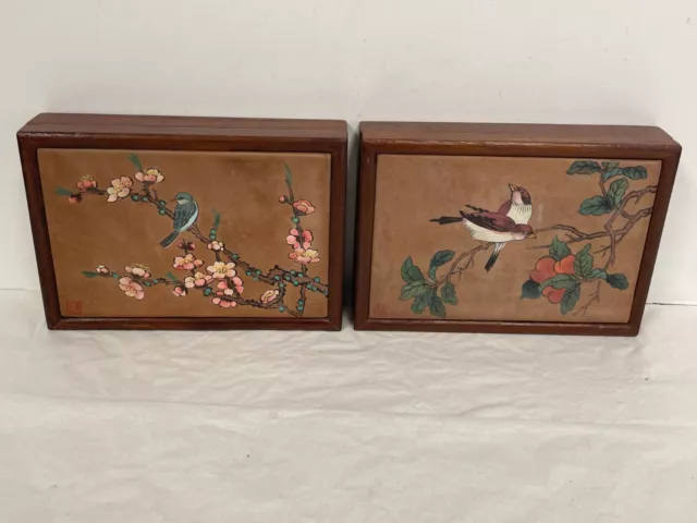 x2 Vintage Chinese Leather Top Hand Painted Wooden Jewelry Boxes Birds/Flowers