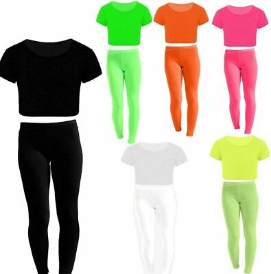 Kids Girls Microfiber Leggings and Crop Top Set Sports Dance Party Wear Outfit