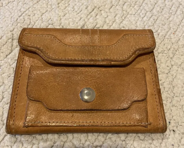 Womens Brown Leather Wallet Snap Close Bifold Vintage Double Pockets