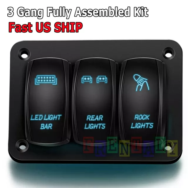 3 Gang Toggle Rocker Switch Panel Blue LED Light for Car Marine Boat Waterproof