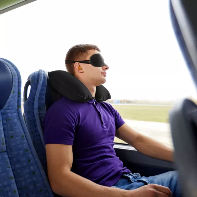 U Shape Inflatable Neck Pillow Set Office Nap Car Airplane Cushion w/Eye Mask US 9