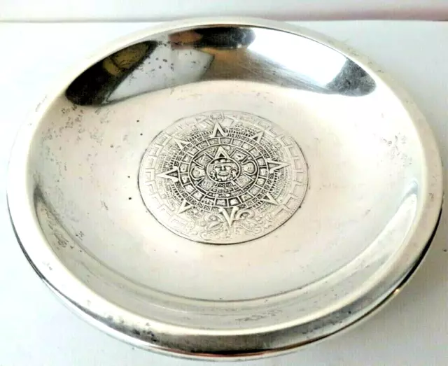 STERLING SILVER Mexican AZTEC CALENDAR Footed 5 1/4" Tray 92 grams Old Mark
