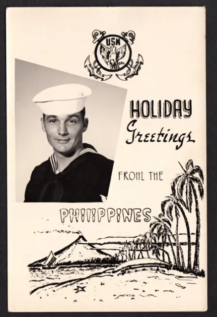 COCKY SMIRK SEXY SAILOR MAN 1940s CHRISTMAS PHOTO CARD from PHILIPPINES