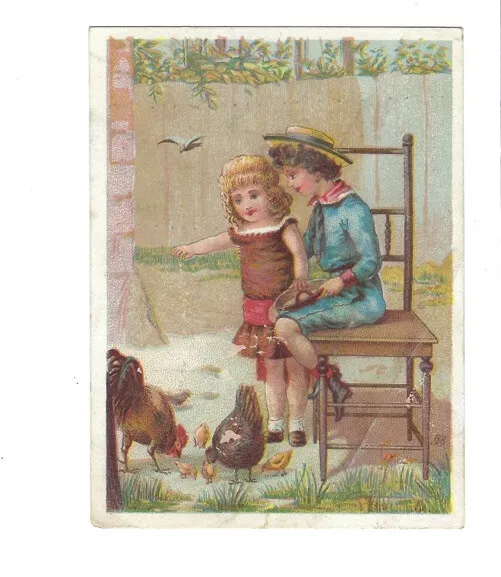 c1880s Cute Boy Girl Children Rooster Hens Chicks Victorian Trade Card VTC