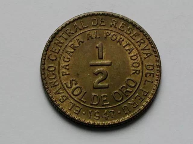 Peru 1947 1/2 SOL DE ORO Coin EF+ with Toned-Lustre & Type with A P Initials