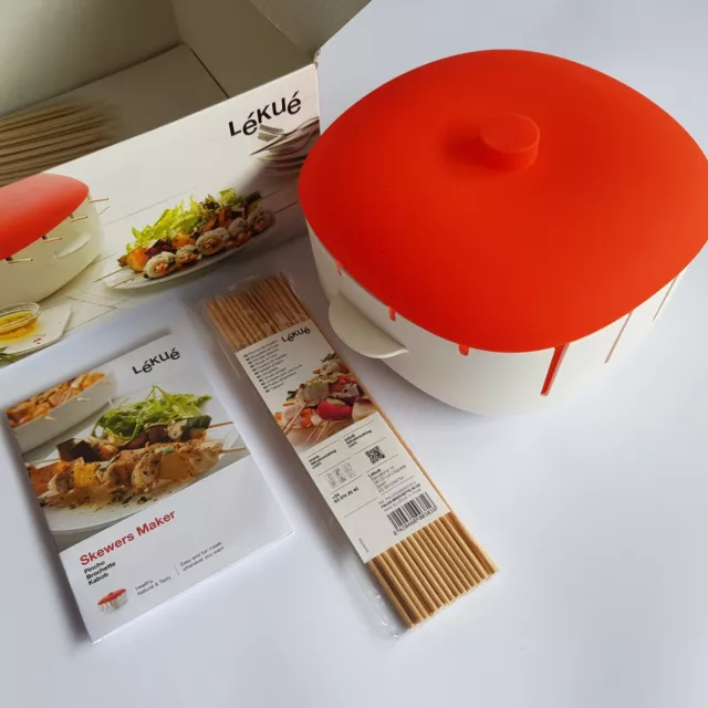 Lekue Skewers Maker microwave steamer kebabs silicone lid boxed Barcelona Spain