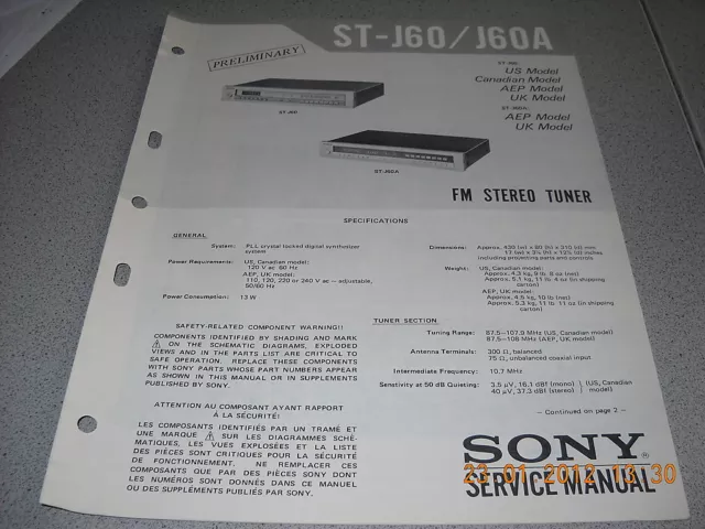 SONY ST-J60 / J60A FM Stereo Tuner Preliminary Service Manual inkl. Service Info