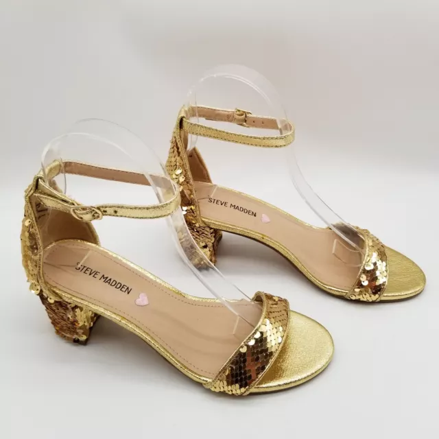 Steve Madden Girls  Carrson Sandal Size 5 Gold Sequin Ankle Strap Block Heel 3