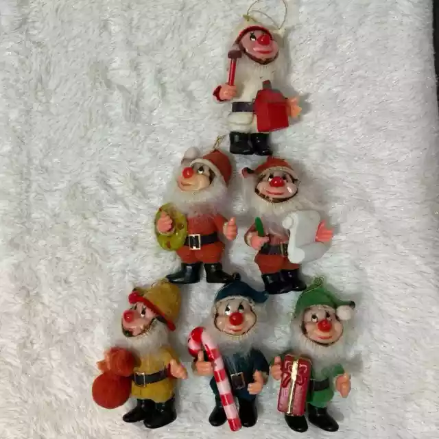 Vintage Plastic Flocked Felt Dwarf Santa Helper Christmas Ornaments 1960’s 6