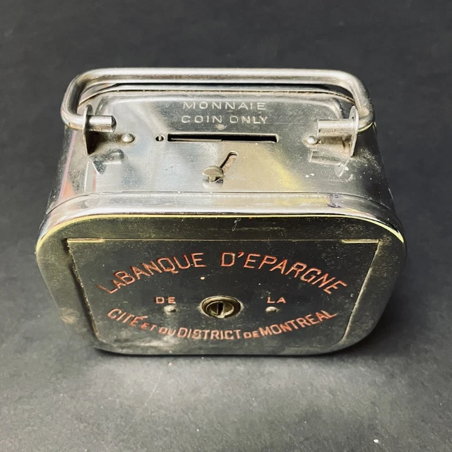 Vintage ‘La Banque d’Epargne’ MONTREAL Quebec metal coin bank FREE SHIPPING!