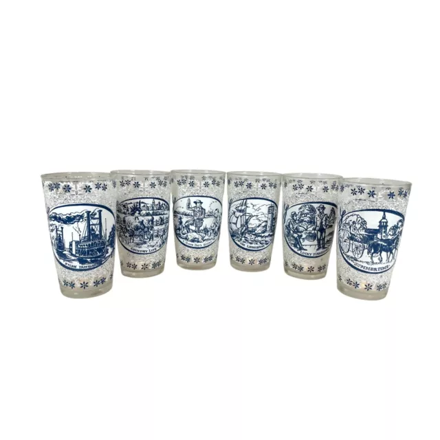 Currier & Ives White Blue By Royal 12 oz. Glasses Tumblers Flat Bottom 6 Set