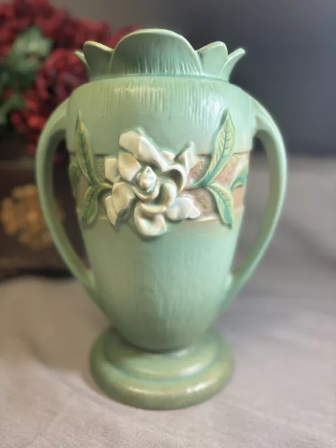 Vintage Green Roseville Gardenia Tall Vase 686 -10 MCM 1940s 1950s Artist Signed