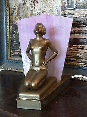 Art Deco Nude Woman Figural Desk accent lamp with Pink Glass fan shade Globe Art
