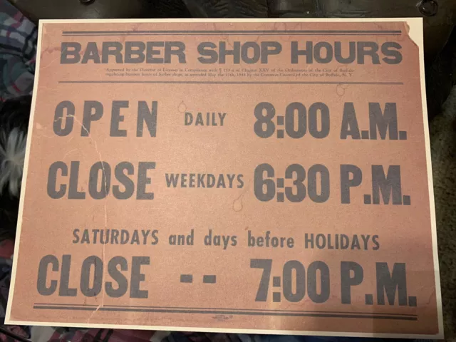 Rare 1948 Barbershop 💈 Hours Of Operations Buffalo N Y Sign Repro