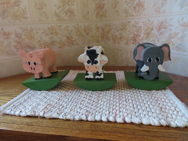 SET  of 3 - Custom Made Hand Crafted Wooden  Animals - Pig / Cow / Elephant 1990