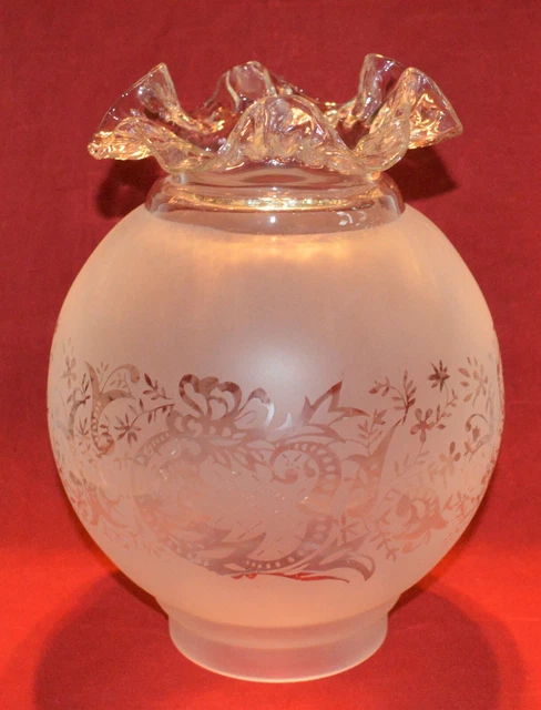 Vintage Victorian 8" Acid Etched Frosted Glass Lamp Shade Ruffle 4" Fitter Wow! 6