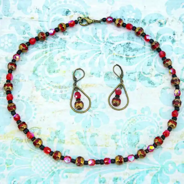 Vintage Czech Cadmium Red Glass AB Hand Cut Crystal Beaded Necklace Earrings Set