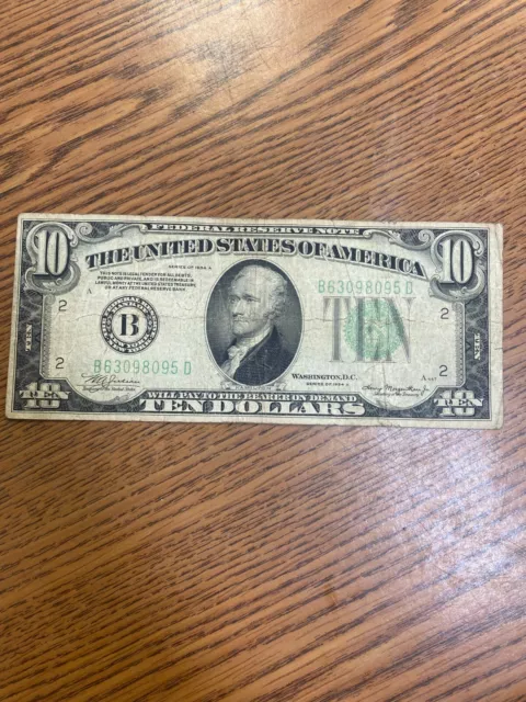 1934 A New York  $10 Dollar Federal Reserve Note Green Seal