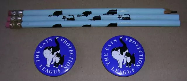2 x Vintage Cats Protection League Pin Badges  +  3 Cat pencils