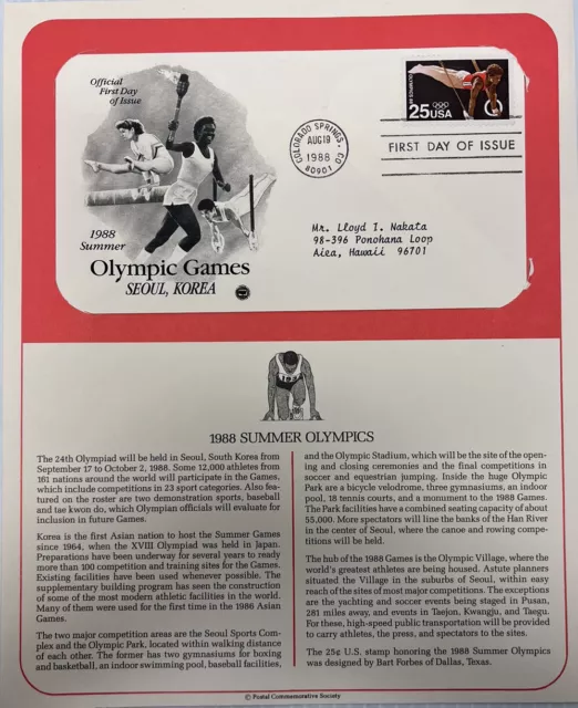American Mail Cover FDC & Info Sheet Olympic Games Seoul, Korea 1988
