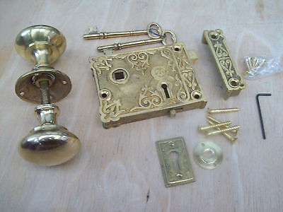 Fancy Ornate Decorative Old Victorian Style Solid Brass Door Rim Lock Knob Set 2