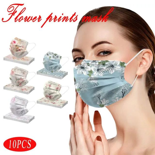 10PCS Printed Adults Daily Beautiful Flower Prints 3 -Layer Disposable Face Mask
