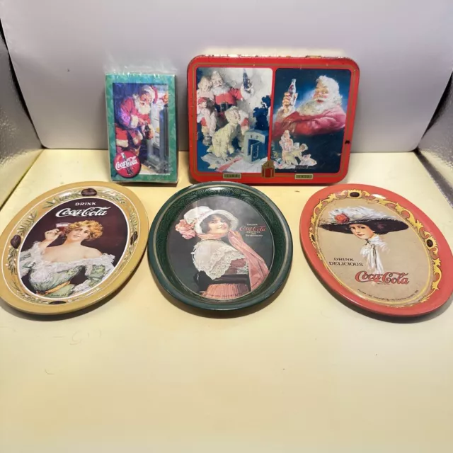 COCA COLA COLLECTIBLES (3) Tip Oval Tip Trays, Tin w/Sealed Cards,  Sealed Cards 2