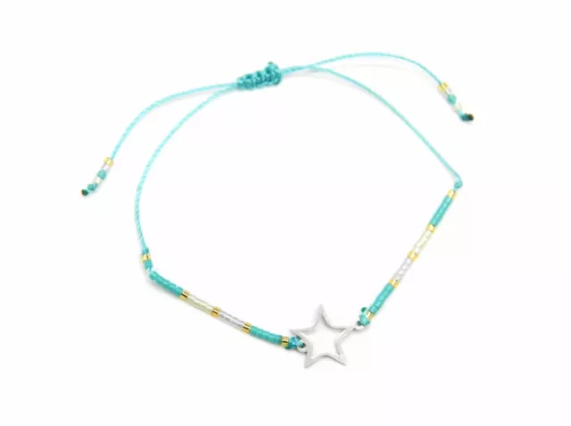 BC2384F - Bracelet Cordon Ajustable Turquoise avec Perles Rocaille et Etoile ...