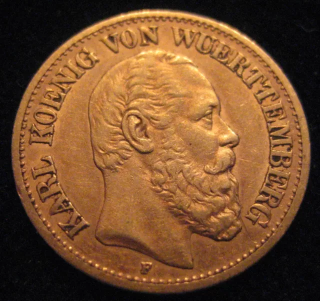 Mds Deutsches Reich Kaiserreich Wuerttemberg 10 Mark 1879 F "Karl", Gold #I