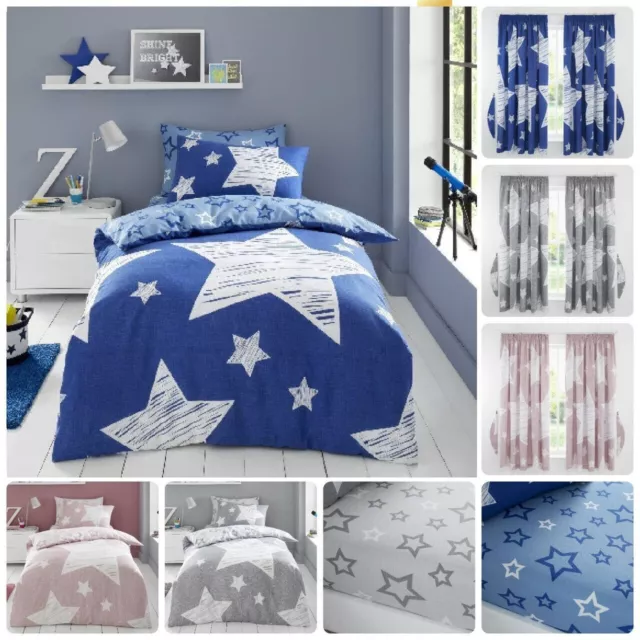 KIDS SUPER STAR BEDDING Reversible Quilt Soft DUVET COVER Fitted Sheet & Curtain