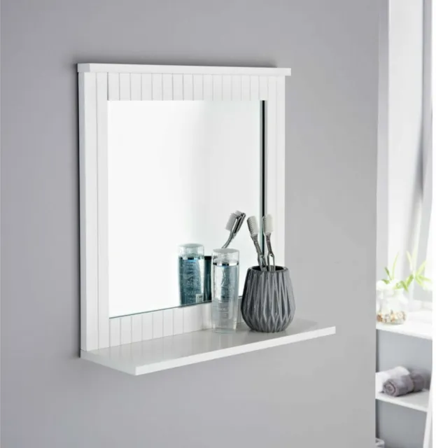 MAINE White Bathroom Wood Frame Mirror Wall Mounted with Cosmetics Shelf