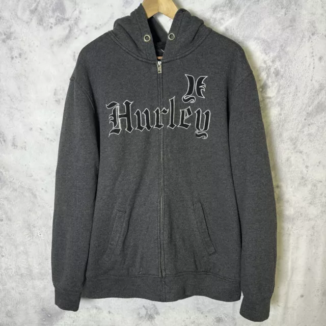 Hurley Hoodie Mens XL Gray Full Zip Sherpa Lined Sweatshirt Y2K