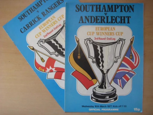 2 x Southampton Football Programmes 1976-77 Euro Cup Winners Cup inc Anderlecht