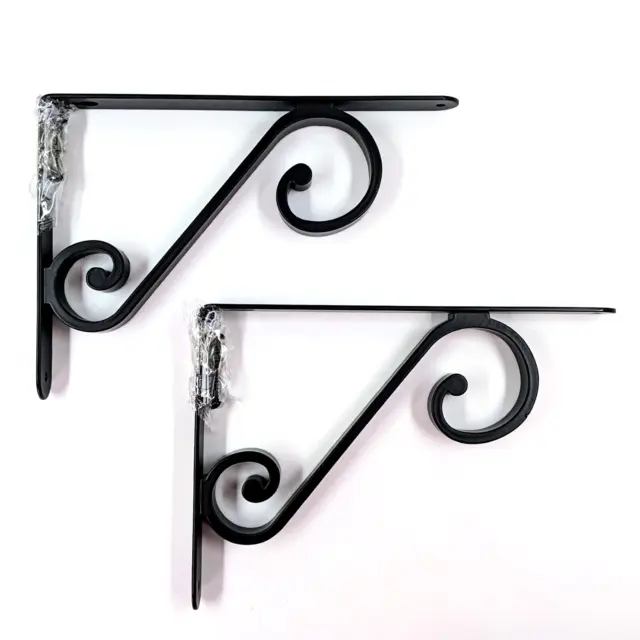 Two (2) 6.5" x 9" Matte Black Scroll Steel Shelf Brackets for 10" - 12" Shelves