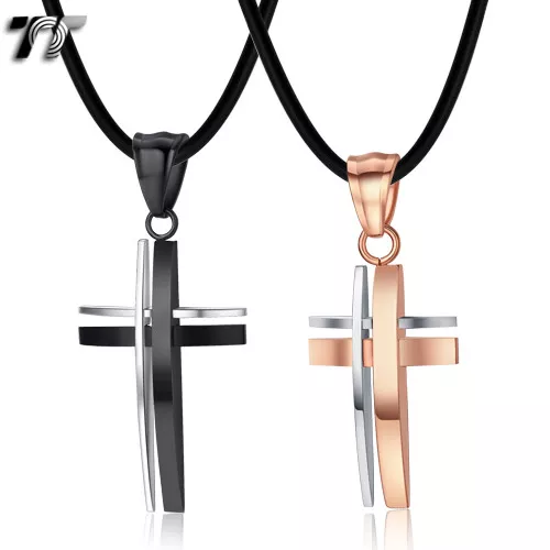 TT Black Rose Stripe S.Steel Ring Cross Pendant Necklace For Couple NEW Arrival