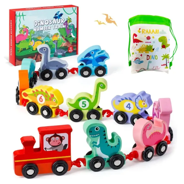 11 PCS Wooden Dinosaur Train Toy Set With Friendly Dinosaur Travel Bag