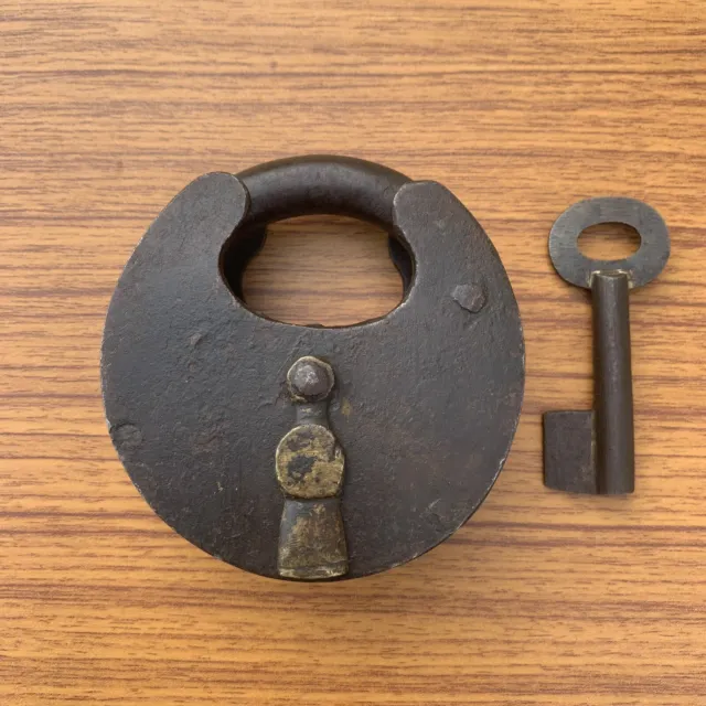 18th C Old or antique iron padlock lock with key unusual shape, trick or puzzle.