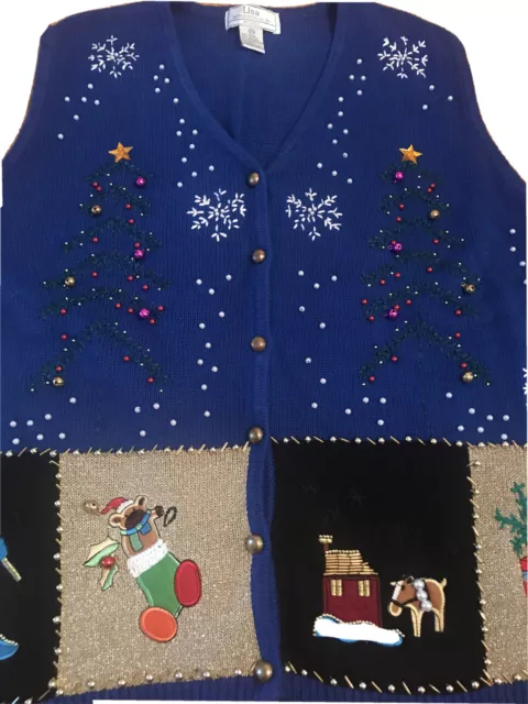Lisa International Vintage Blue Knit Christmas Vest-Beaded-Embroidered Bells 2X
