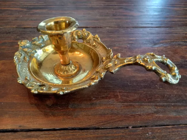 Vintage Solid Brass Candle Holder with Long Handle. 7 Inches from Tip of Handle.