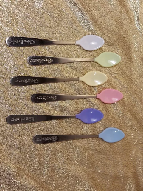 Lot of 6 Gerber Vintage Infant Baby Spoons Green White Pink Blue Soft Tips  Bite