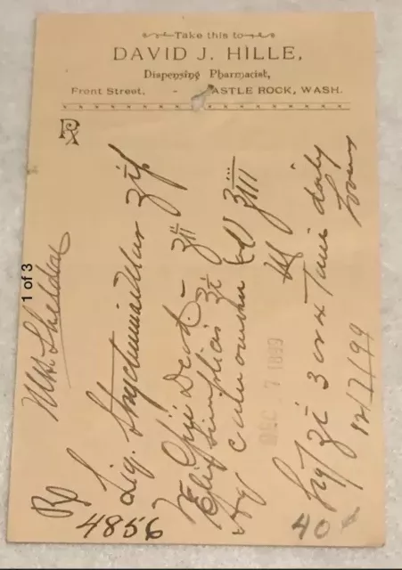 Antique Rx Prescription Form Opii 1899 Paper Ephemera Castle Rock WA Pharmacy