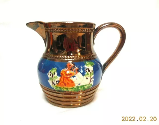 19th C Antique ALLERTON LONGTON Copper Lusterware Pitcher Blue Embossed Band