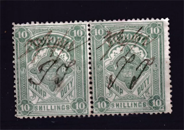 Victoria 10/- Green Stamp Duty Pair Used (K19)