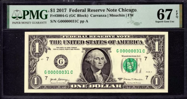 2017 $1 Frn Note Currency Chicago Low Serial Number 31 Pmg Superb Gem 67 Epq