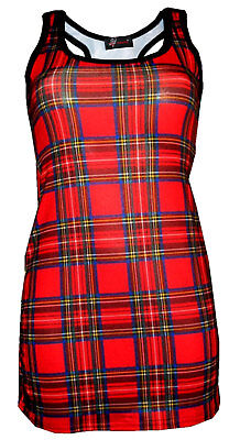 New Girls / Ladies Red Tartan Print Long Vest Top Summer Dress Goth Punk Emo